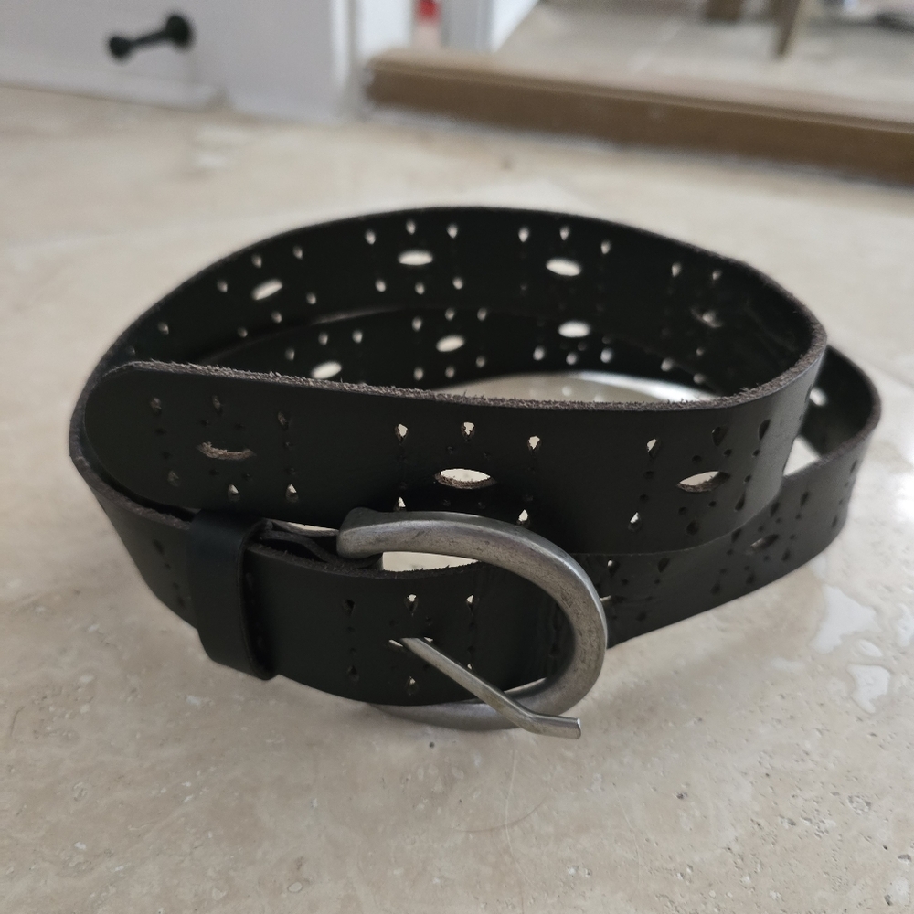 Black Graphic Perforated Leather Belt SZ Medium